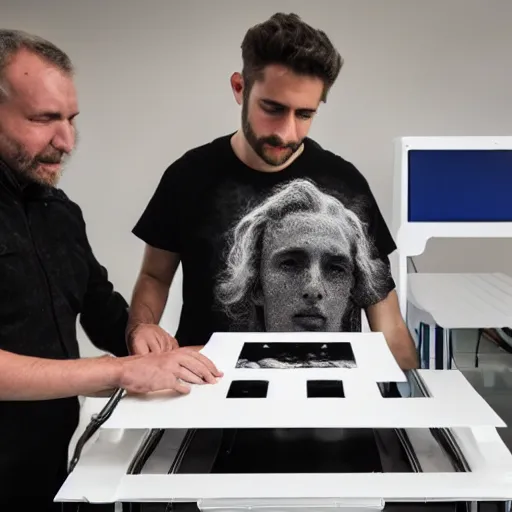 Image similar to photo of a man being printed by a 3d printer