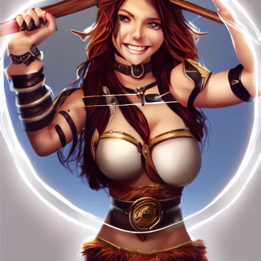 Image similar to very beautiful female barbarian, smiling, flirty, eye contact, perfect face, perfect body, drawn by artgerm