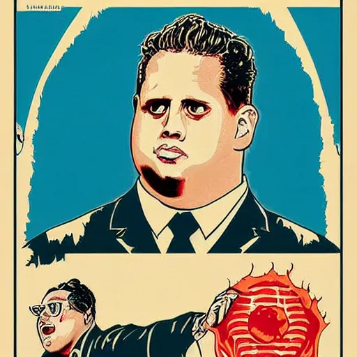 Image similar to NO JONAH HILLS ALLOWED. JONAH HILL is the subject of this ukiyo-e hellfire eternal damnation catholic strict propaganda poster rules religious. WE RULE WITH AN IRON FIST. mussolini. Dictatorship. Fear. 1940s propaganda poster. ANTI JONAH HILL. 🚫 🚫 JONAH HILL. POPE. art by joe mugnaini. art by dmitry moor. Art by Alfred Leete.