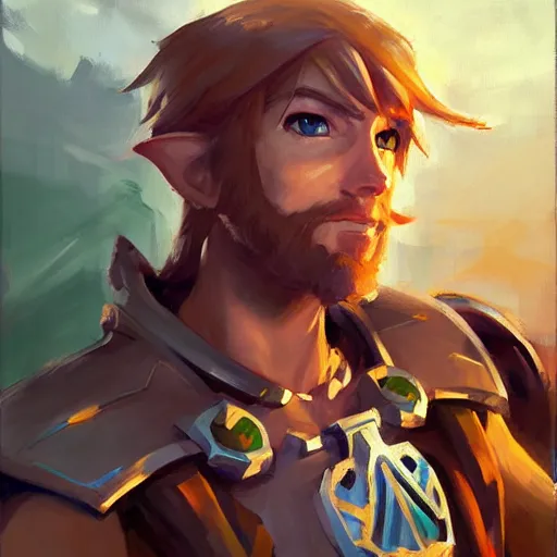 Image similar to greg manchess portrait painting of link from legend of zelda as overwatch character, medium shot, asymmetrical, profile picture, organic painting, sunny day, matte painting, bold shapes, hard edges, street art, trending on artstation, by huang guangjian and gil elvgren and sachin teng