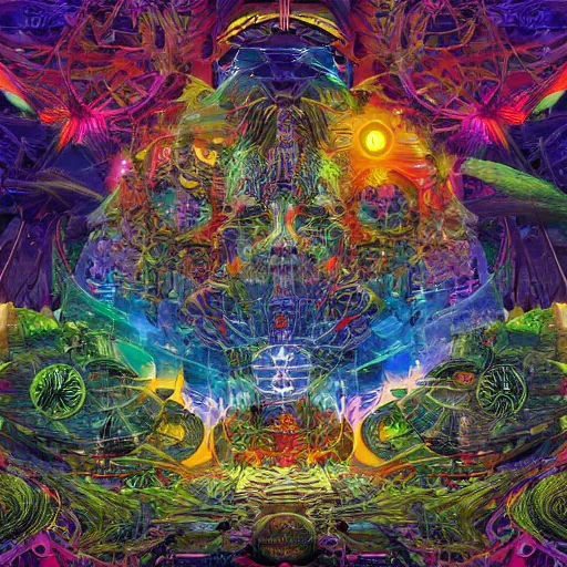 Image similar to techno earth plaza with a divine jungle of deities and peoples living together in harmony created by android jones, vector painted by pablo amaringo