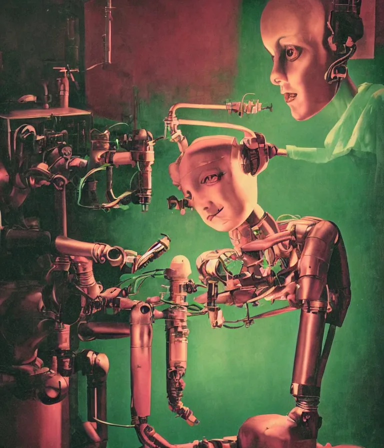 Image similar to a female mad scientist building a humanoid robot, in a darkly lit laboratory room, 1 9 5 0 s horror movie poster style, norman rockwell oil painting, close - up shot, retro science fiction, vintage, saturated pink and green lighting, shadowy lighting, cohesive