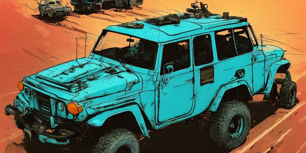 Image similar to digital illustration of a futuristic faded cyan mad max's fj 4 0 decrepit!!!! pursuit special, rusty!!! cyberpunk nissan fj cruiser heavily modded 1 9 9 0 s, the last v 8 interceptor by makoto shinkai, ilya kuvshinov, lois van baarle, rossdraws, basquiat