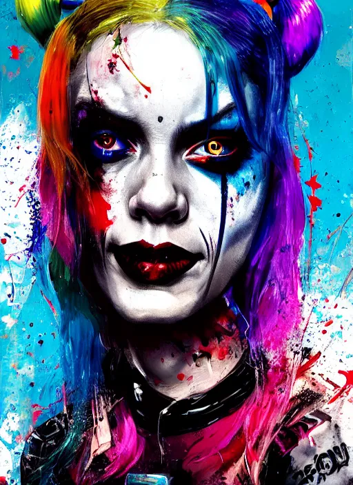 Prompt: suicide squad harley quinn abstract portrait, paint splatters, style by simon bisley, ismail inceoglu, wadim kashin, filip hodas, benedick bana, and andrew atroshenko.