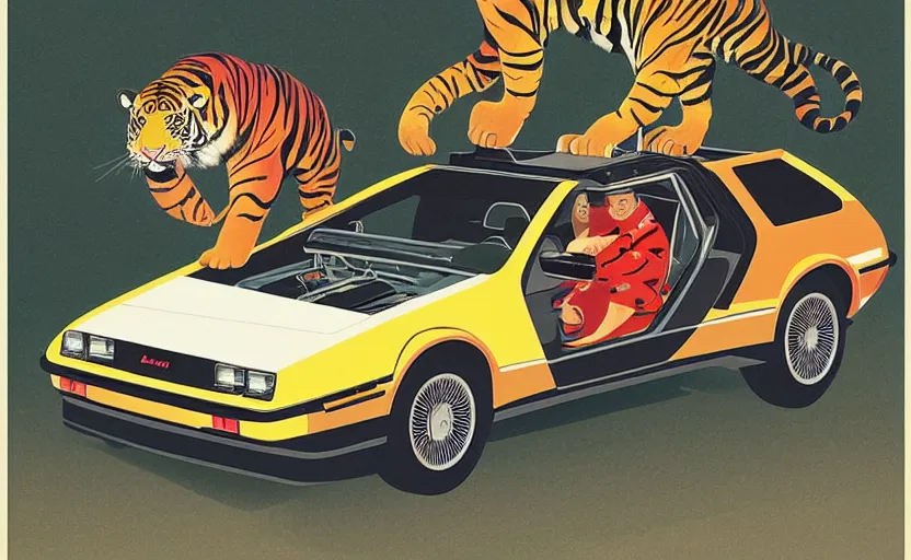 Prompt: a red delorean and a yellow tiger, painting by hsiao - ron cheng, utagawa kunisada & salvador dali, magazine collage style,