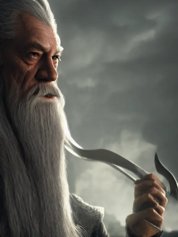 Image similar to Evil Gandalf 8k ultra realistic , lens flare, atmosphere, glow, detailed, intricate, full of colour, cinematic lighting, trending on artstation, 4k, hyperrealistic, Long shot, extreme details, unreal engine 5, cinematic, masterpiece