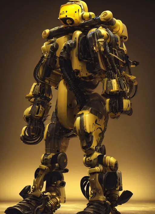 Image similar to a photorealistic dramatic hyperrealistic render of a futuristic exosuit power loader heavy machinery, ultra realistic details, glossy yellow, well worn, rust, oil stains by vitaly bulgarov and mike nash, beautiful dramatic dark moody tones and lighting, cinematic atmosphere, studio lighting, global illumination, shadows, dark background, octane render, 8 k