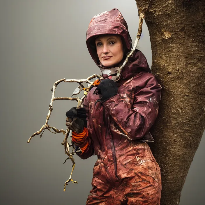 Prompt: a closeup portrait of a woman wearing a ski suit made of rusted metal scraps, picking plums from a tree in an orchard, foggy, moody, photograph, by vincent desiderio, canon eos c 3 0 0, ƒ 1. 8, 3 5 mm, 8 k, medium - format print