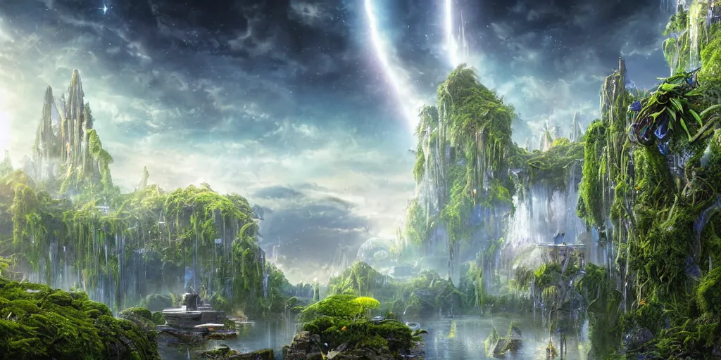 Image similar to balanced masterpiece, fairytale, futuristic city, industrial lake, monolithic temple, interstellar infinity portal, rainforest mountains, lush plants flowers, epic natural light, bright clouds, luminous sky, outer worlds, bright cinematic lighting, edmund evans, michael cheval, michael whelan, airbrush digital nouveau oil painting, vray, 8 k hd