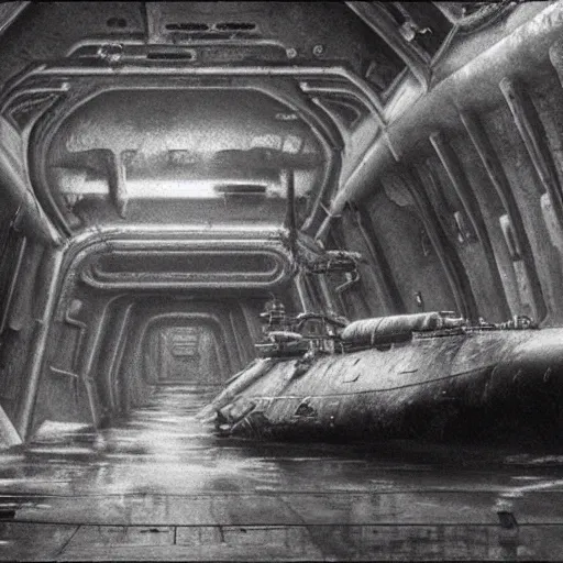 Image similar to shipwrecked soviet submarine interior, movie still, cinematic Eastman 5384 film, dark fantasy, intricate, smooth, artstation, Wayne Barlowe, zdislav beksinski