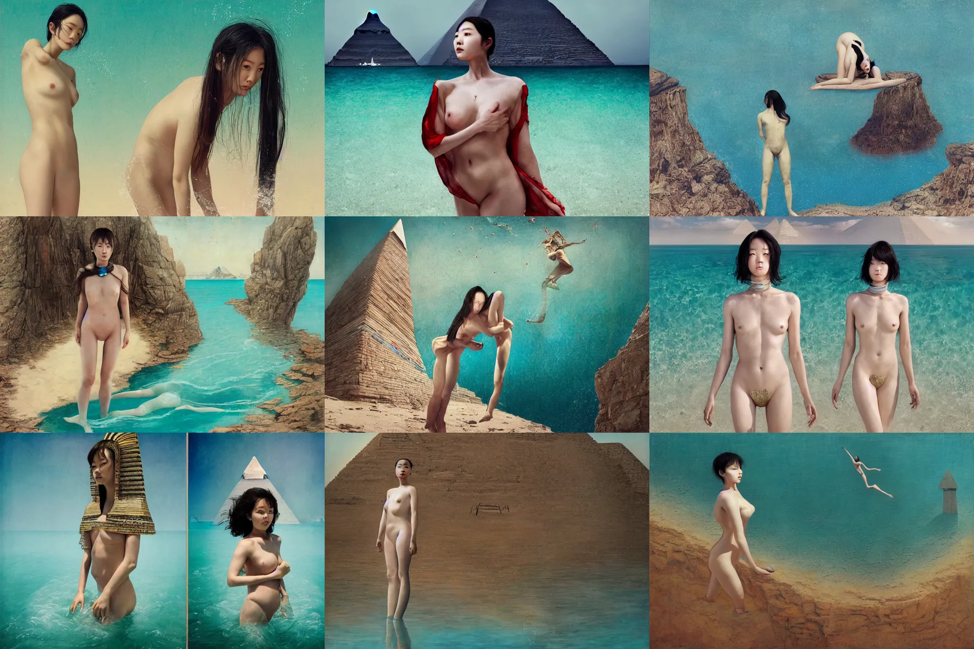 Prompt: lee jin - eun in astronaut dress emerging from turquoise water in egyptian pyramid by dino valls, nicola samuri, conrad roset, m. k. kaluta, martine johanna, rule of thirds, seductive look, beautiful, refined