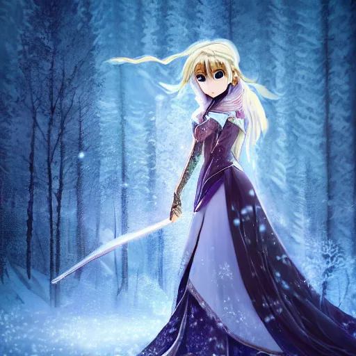 Prompt: portrait focus of knight beautiful 3D anime girl, frozen armor wearing, dark forest background, snowing, bokeh, inspired by Masami Kurumada, digital painting, high contrast, unreal engine render, volumetric lighting, high détail