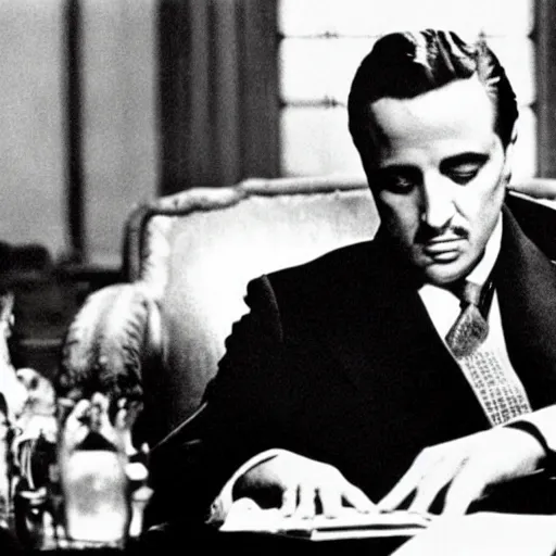 Image similar to scene from the godfather with the godfather seated at his desk