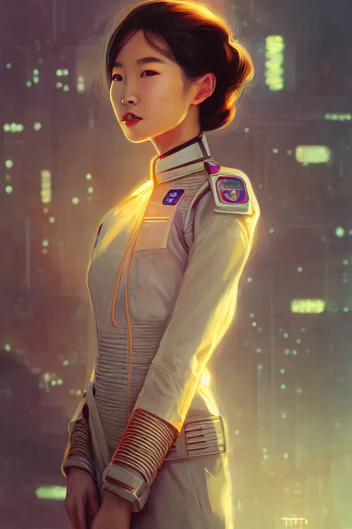 Image similar to portrait futuristic asian airforce girl, looking at the camera, in future airport rooftop , sci-fi, fantasy, intricate, very very beautiful, elegant, human anatomy, neon light, highly detailed, digital painting, artstation, concept art, smooth, sharp focus, illustration, art by tian zi and WLOP and alphonse mucha