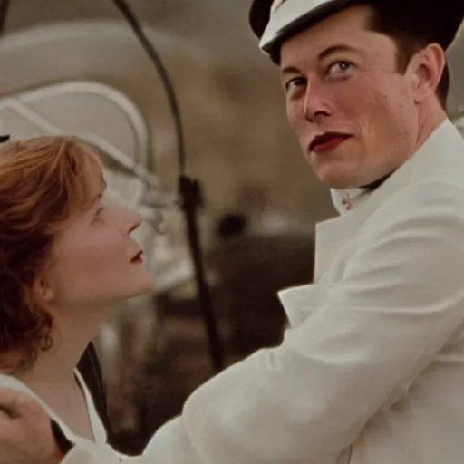 Prompt: movie still of elon musk in titanic ( 1 9 9 7 ),