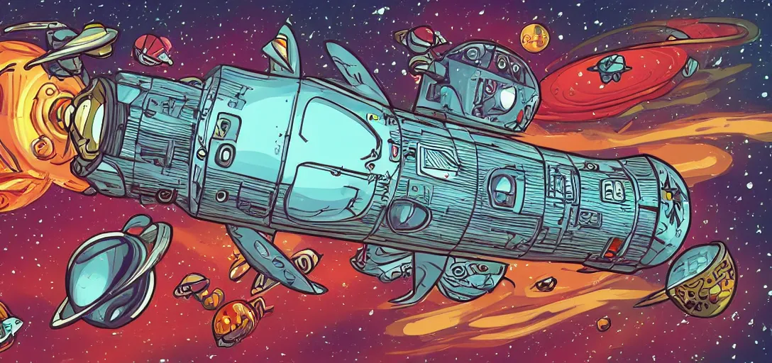 Image similar to Space capsule above the sky in the graphic style of Tim Shumate, detailed art, trending on Artstation, sharp focus, comic art