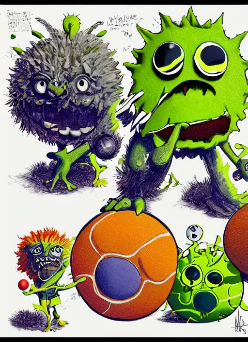 Image similar to tennis ball monsters playing tennis, a tennis ball monster ,tennis ball, funny, digital art, fantasy, magic, trending on artstation, ultra detailed, professional illustration,chalk, poster artwork by Basil Gogos , clean