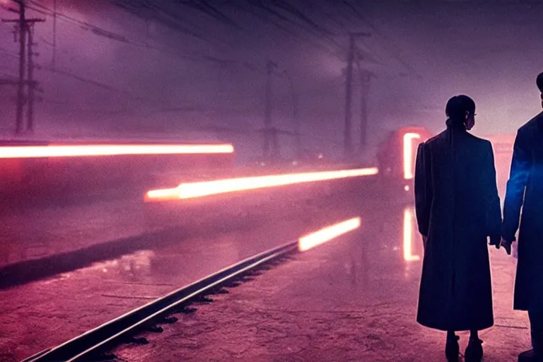 Image similar to film still of closeup beautiful model indian couple in blade runner 2 0 4 9, train station, cinematic, moody, gritty neon noir by emmanuel lubezki