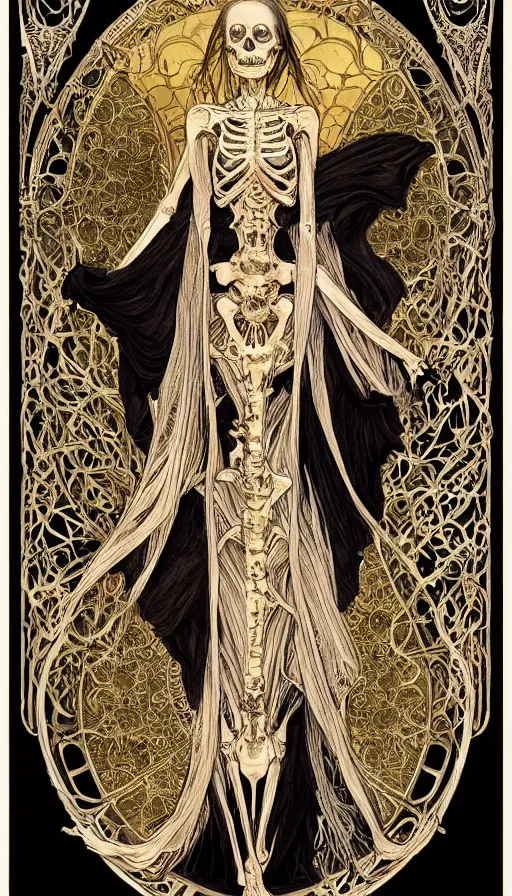 Image similar to a skeleton in a black cloak, highly detailed, very intricate, art nouveau, gold filigree, left right symmetry, tarot concept art watercolor illustration by mandy jurgens and alphonse mucha and alena aenami, featured on artstation