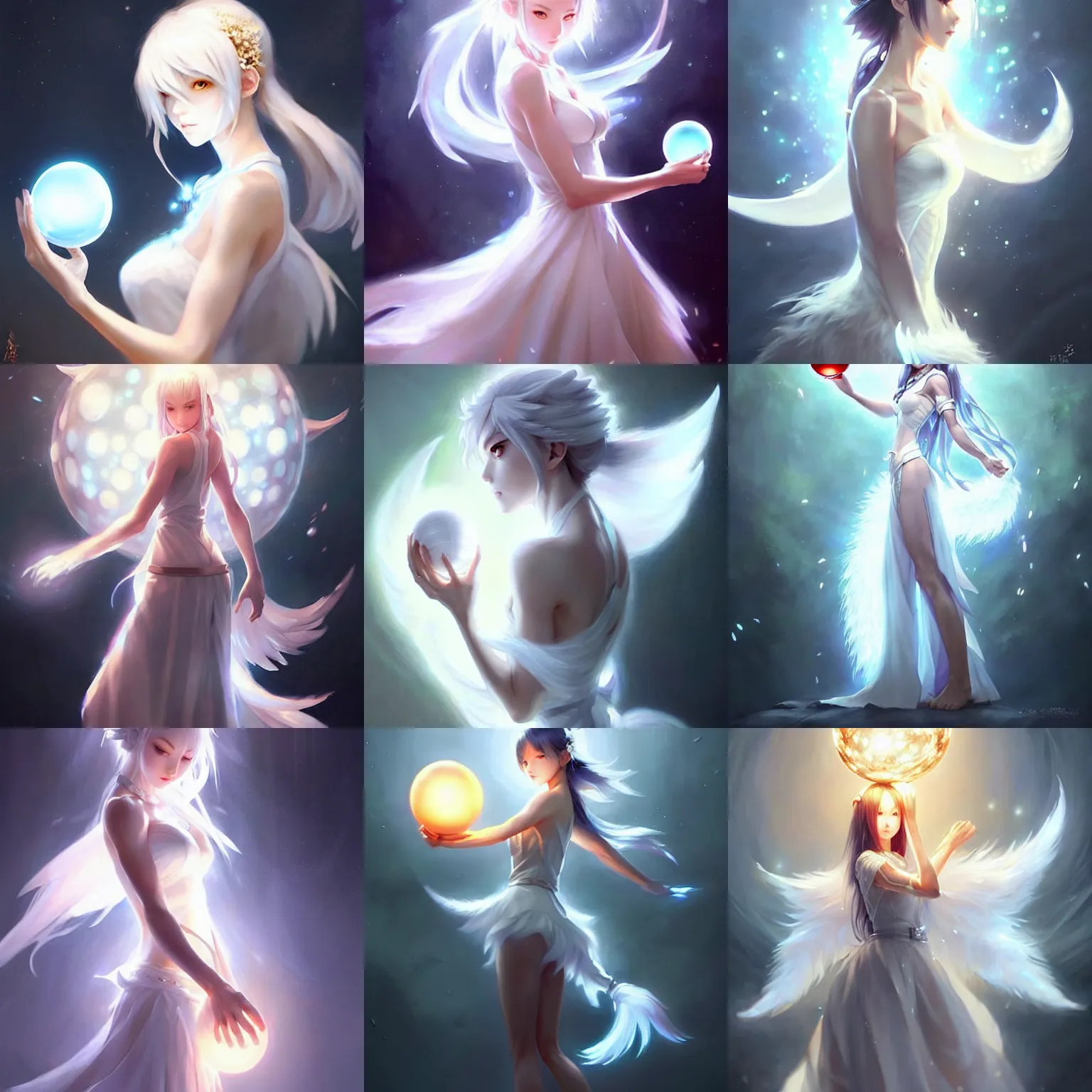 Prompt: a woman in a white dress holding a glowing ball | with nine white fox tails | a detailed painting by ross tran | wlop and stanley artgerm lau | featured on deviantart | fantasy art | hyperrealism!!!!!!!!!!!!!!!!!!! | anime | 2 d game art | official art