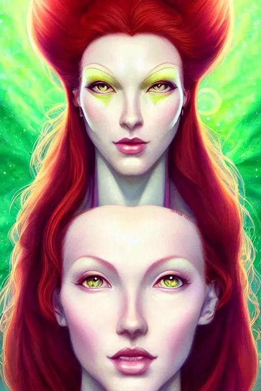 Image similar to Redhead Pleiadian alien human beautiful hybrid feminine woman, with stunning green eyes, cute symmetrical round face and a roundish nose, as a retro futuristic heroine, gorgeous digital painting, artstation, concept art, smooth, sharp focus, illustration, art by artgerm and donato giancola and Joseph Christian Leyendecker, Ross Tran, WLOP