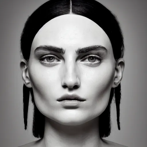 Image similar to minimalist photography portrait of a germanic pagan woman, early middle ages, heathen warrior, symmetrical, super close up, mid thirties, cute round slanted eyes, caucasian, wide nostrils, high cheekbones, full cheeks, high flat eyebrows, angelic, ethereal essence, leica 1 0 0 mm f 0. 8