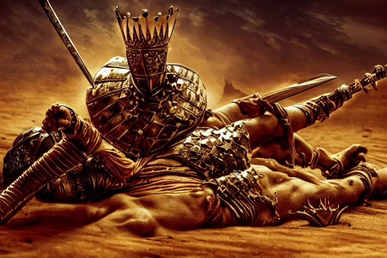 Image similar to the king in the desert dead on the ground, defeated, blood on sand, swords fallen to ground, fighting in a dark scene, gold sword, detailed scene, killed in war, blood spill, Armour and fallen Crown, highly detailed, blood and dust in the air, brutal battle, action scene, cinematic lighting, dramatic lighting, trending on artstation, elegant, intricate, character design, motion and action and tragedy, fantasy, D&D, highly detailed, digital painting, concept art