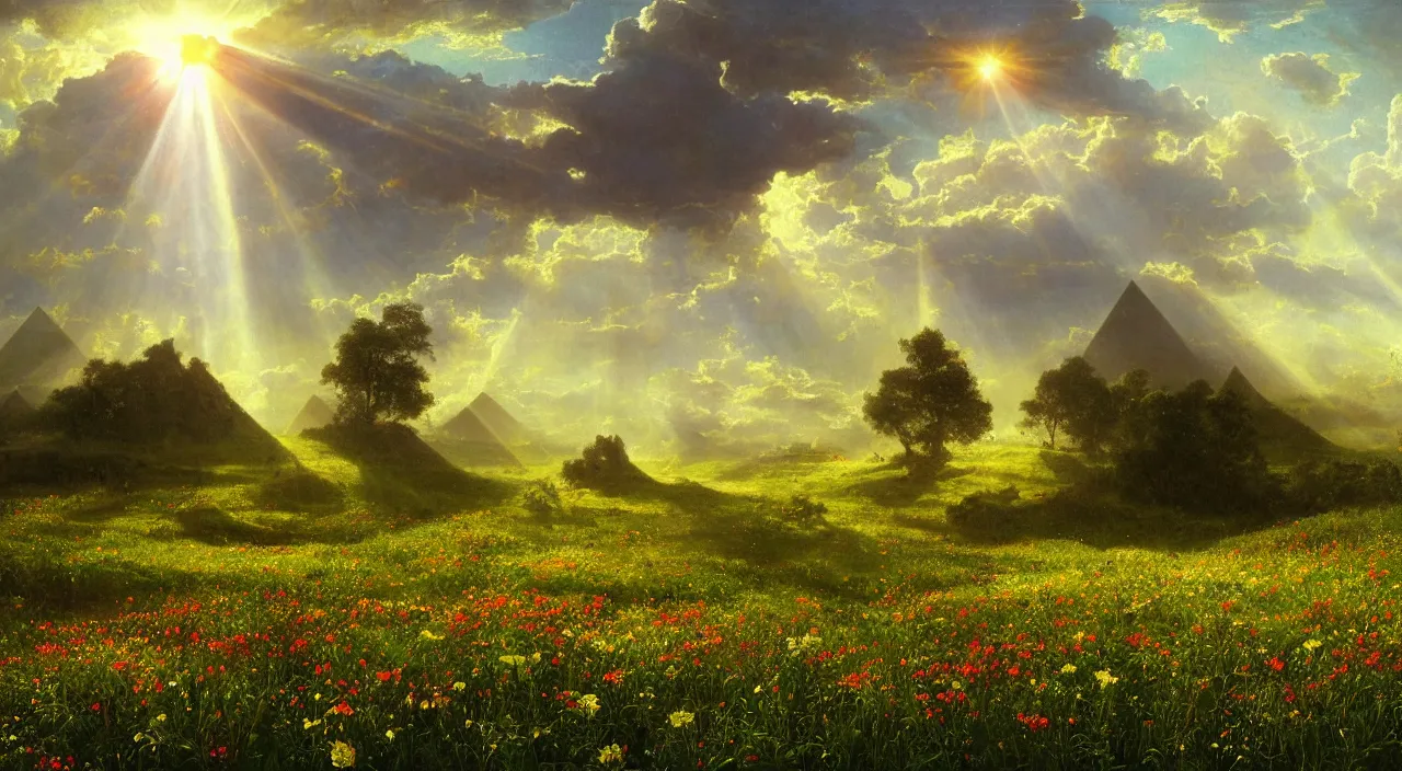 Image similar to rhythmic interval tectonic surfaces as resonant waves of harmonic organic mystical megastructure crystal lattice pyramid architectures exploding with light and god rays in a meadow full of wildflowers by albert bierstadt, by glen small, photorealistic, god rays, octane, depth of field, bladerunner