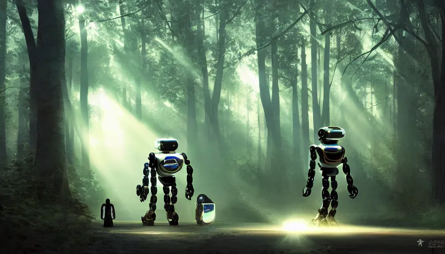 Image similar to walking robot covered in shining chrome armor, many reflections, many large glowing lights, solarpunk!!, beautiful forests and trees, sun rays, cinematic, concept art, trending on artstation, masterpiece.