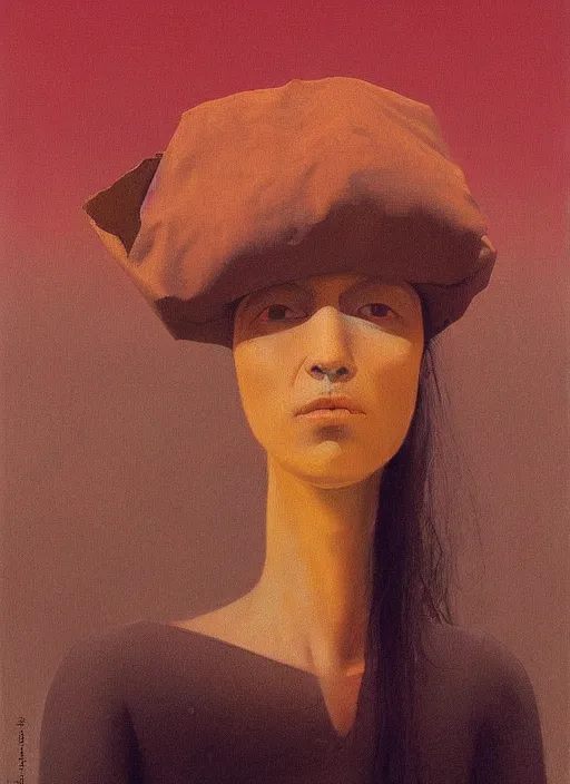 Image similar to neo-andean women paper bag over the head and a sward Edward Hopper and James Gilleard, Zdzislaw Beksinski, highly detailed