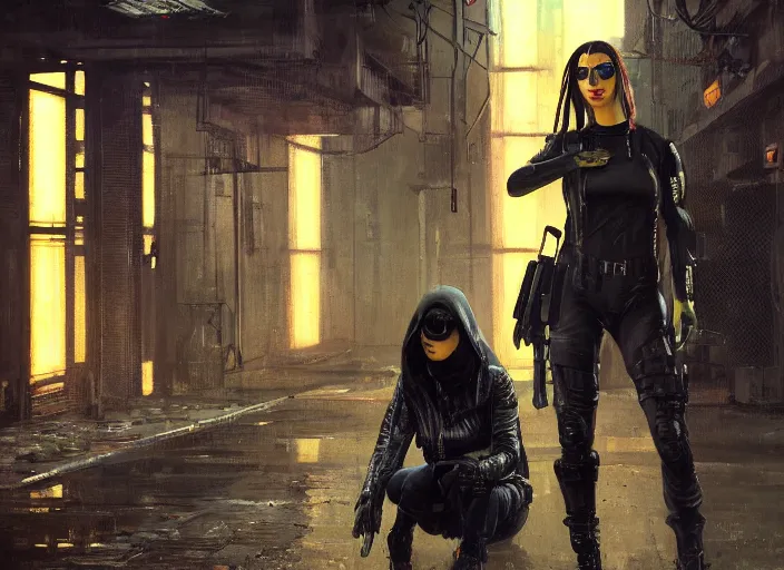 Image similar to Maria evades sgt Nash. Cyberpunk hacker wearing stealth suit hiding from police patrol (blade runner 2049, cyberpunk 2077). Dark industrial plant. Orientalist portrait by john william waterhouse and James Gurney and Theodore Ralli and Nasreddine Dinet, oil on canvas. Cinematic, hyper realism, realistic proportions, dramatic lighting, high detail 4k