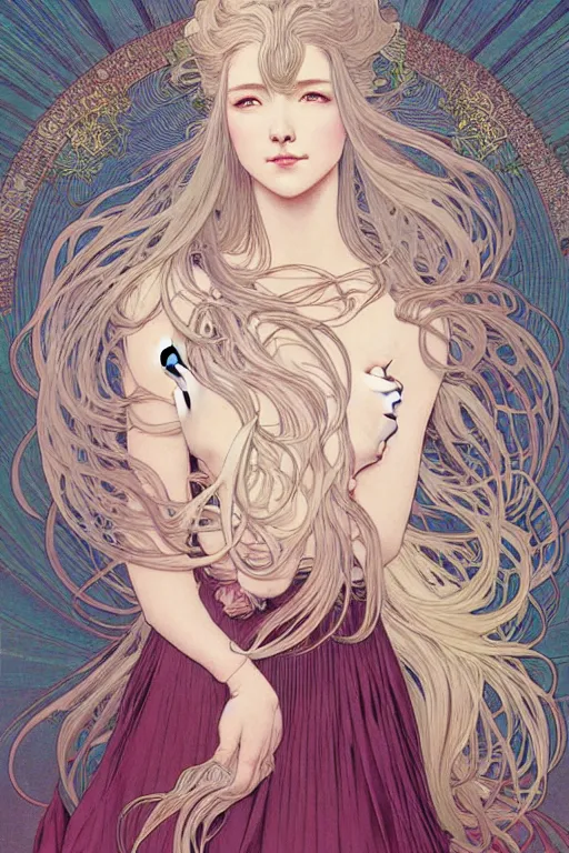 Prompt: beautiful portrait digital painting female holding white hair glowing, blush, pleated skirt, flowing hair, slim face, elegant, alphonse mucha, by yoichi hatakenaka, masamune shirow, josan gonzales and dan mumford, ayami kojima, takato yamamoto, barclay shaw, karol bak, yukito kishiro