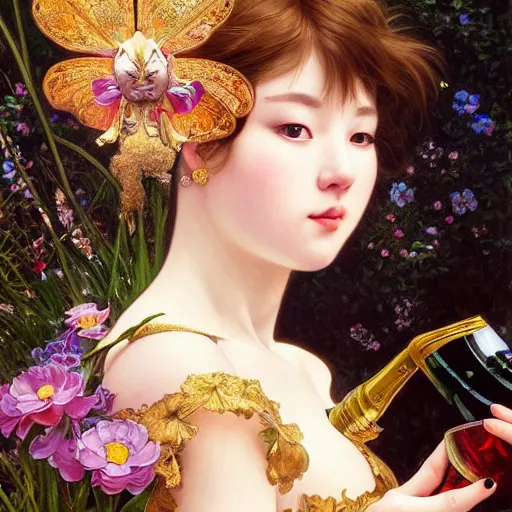 Prompt: a masterpiece ultrarealistic ultradetailed portrait of beautiful girl in bunny costume sprinkling champagne baroque renaissance. medium shot, intricate, elegant, by stanley artgerm lau, wlop, alphonse mucha, rossdraws, andrei riabovitchev, yoshitaka amano. flower background my james jeand and takashi murakami.