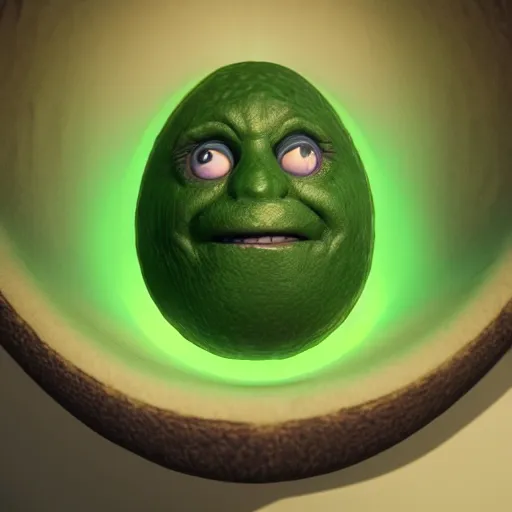 Image similar to harry potter face inside an avocado, volumetric illumination, octane render, cinematic lightning, 8 k, trending artstation, dramatic