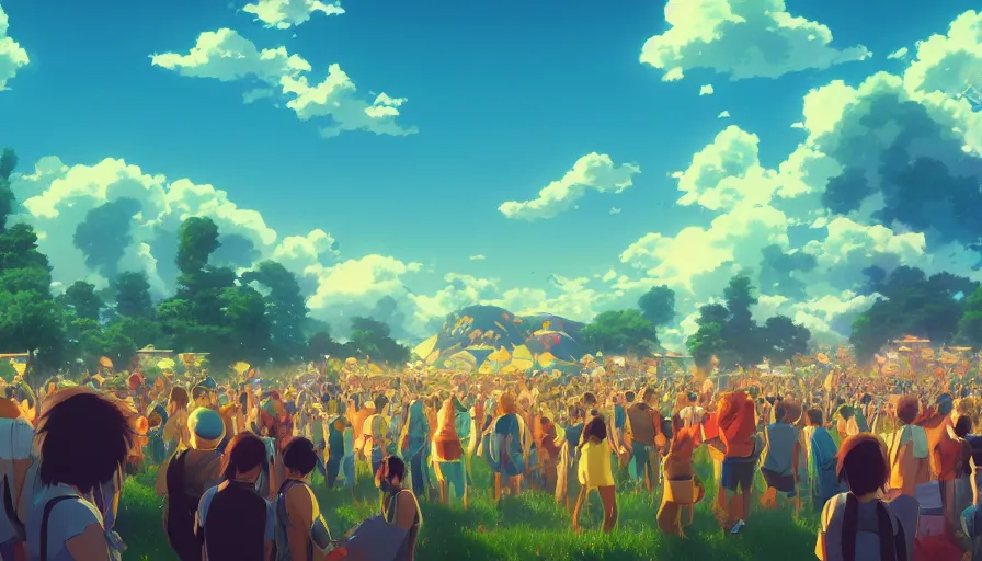 Image similar to A highly detailed digital art painting of a music festival with a bright shimmering sky by Studio Ghibli, Mokoto Shinkai, by Artgerm, by beeple, volumetric lighting, octane render, 4K resolution, trending on artstation, vivid colours