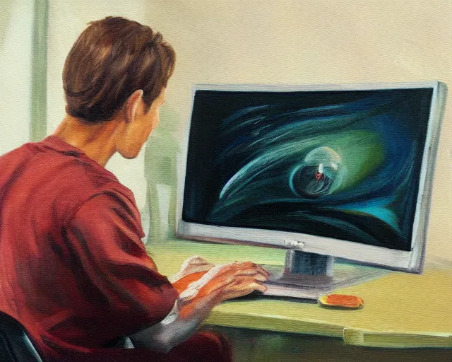 Prompt: A painting of Lucas at his computer, trending on artstation 4k.