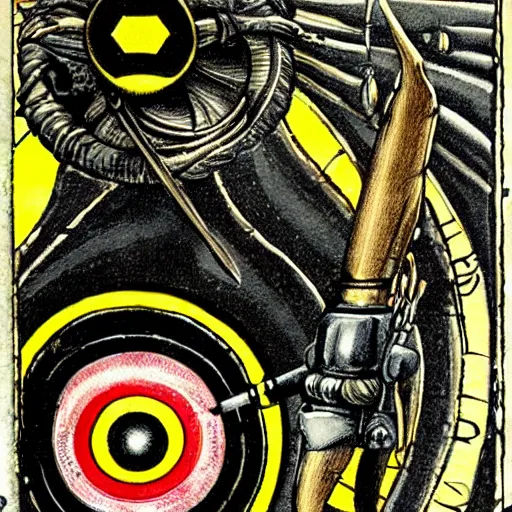 Prompt: a dark dangerous ritual spell with a bumblebee placed in the middle of a bloody bullseye at the center of the crosshairs of a gun, art nouveau, fantasy illustration, tarot