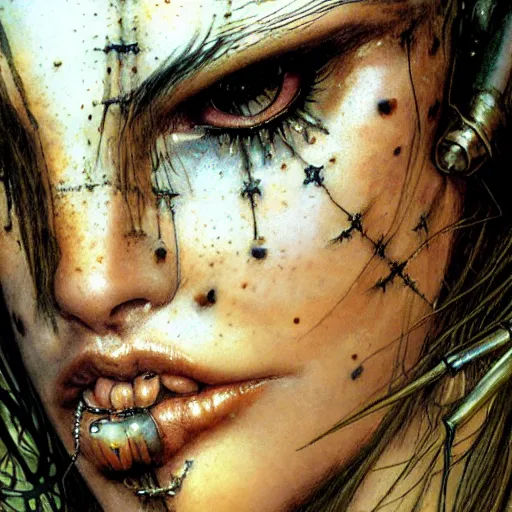 Prompt: an award finning closeup facial portrait by luis royo and john howe of a very beautiful and attractive female bohemian cyberpunk traveller aged 1 5 with green eyes and freckles in clothed in excessively fashionable cyberpunk gear and wearing ornate warpaint