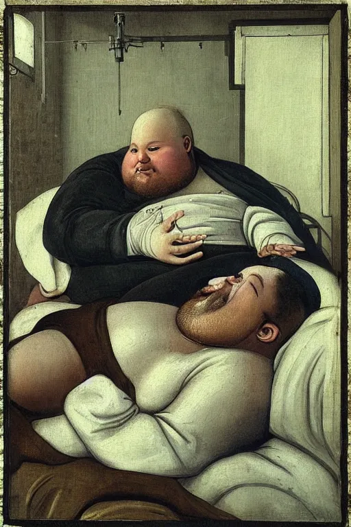 Image similar to “Bored Fat man with big beard in Hospital Bed with intravenous therapy. Medieval art”