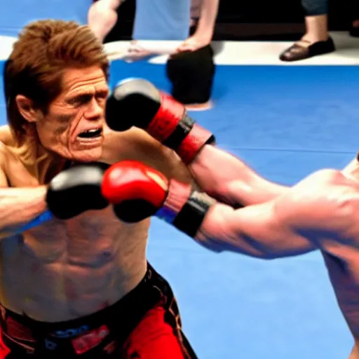 Prompt: willem dafoe versus jerma 9 8 5 fighting in a mixed martial arts game, 4 k, dramatic, blood, intense, realistic, full body