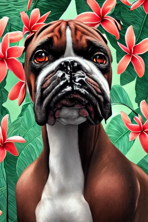 Image similar to ultra realistic illustration, portrait of a boxer plumeria tropical bouquet background, close up shot, fantasy, intricate, elegant, highly detailed, digital painting, artstation, concept art, smooth, sharp focus, illustration, surrealism