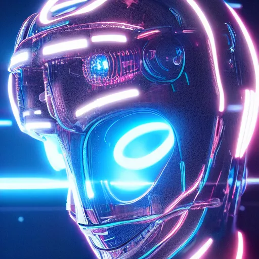 Image similar to portrait of a faceless robot,, neon highlights, dark, blue glowing background lighting, hyper detailed, science fiction, 4 k octane render