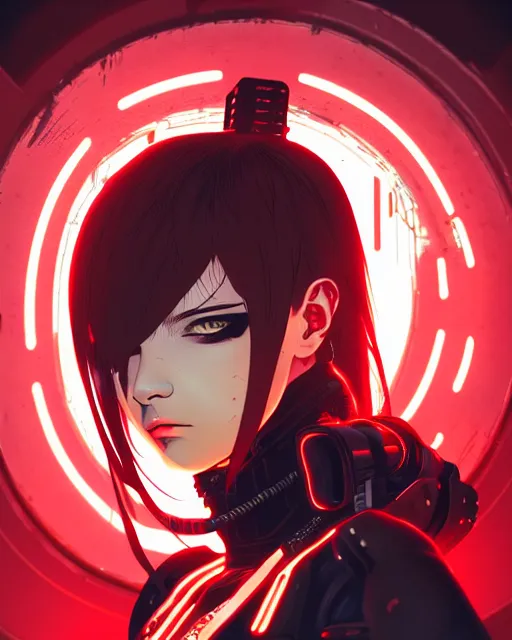 Image similar to a detailed potrait of a cyberpunk cyborg girl with black and red parts, perfect face, realistic shaded perfect face, detailed. night setting. very anime style. realistic shaded lighting poster by ilya kuvshinov katsuhiro, unreal engine, global illumination, radiant light, detailed and intricate environment