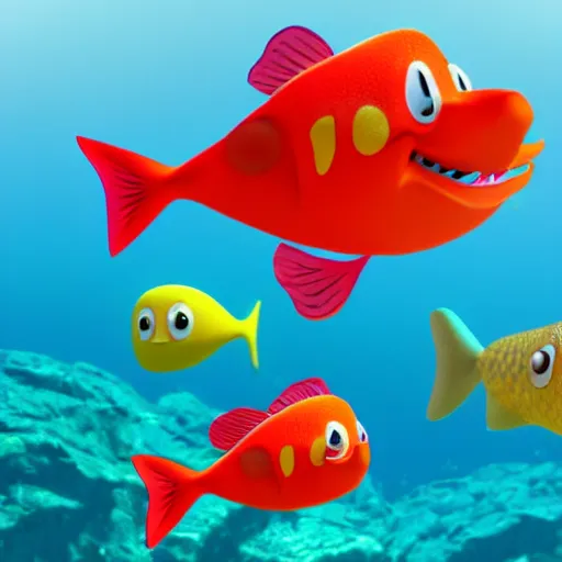 Image similar to a 3d render of two fish underwater, with a boat on top of the sea , in the style of a pixar cartoon, disney cartoon