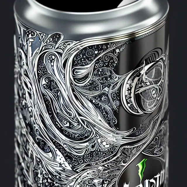 Image similar to aluminian can of monster energy drink, intricate and very very beautiful and elegant, highly detailed, digital painting, artstation, concept art, smooth and sharp focus, illustration