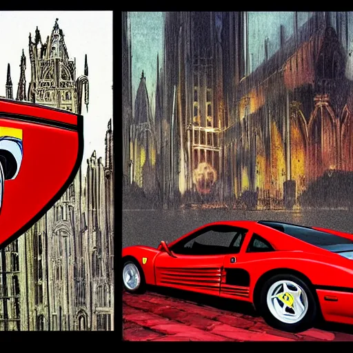 Image similar to a red ferrari testarossa in front of gothic architecture, gotham city, magazine collage style by nc wyeth and daniel mumford