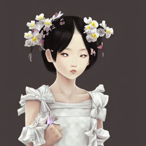 Image similar to chinese little girl with flowers in hair wearing an white dress. art by ilya kuvshinov, profile picture, inspired in hirohiko araki, realistic, highly detailed, 8 0 s anime art style