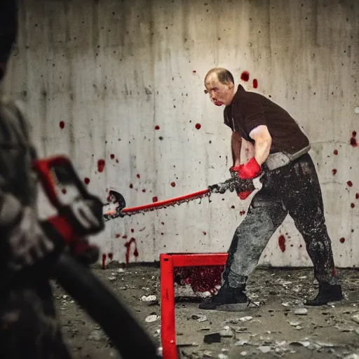 Image similar to putin with a chainsaw. in a concrete bunker with a pile of corpses. focus on putins face with blood splatters. canon eos r 3, f / 1. 4, iso 1 6 0 0, 1 / 8 0 s, 8 k, raw, grainy