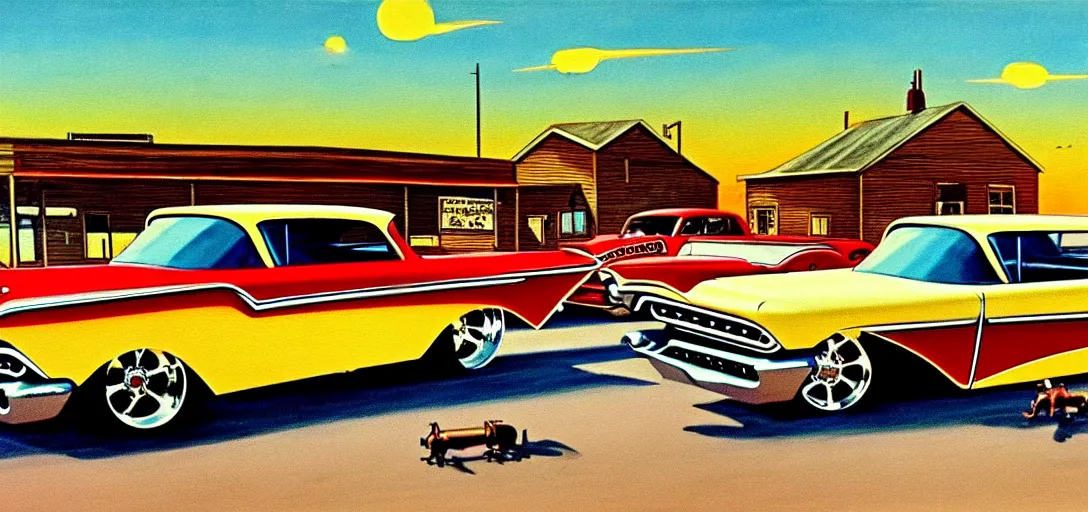 Prompt: concept art of hotrods in a small rural town in middle America in the 1960s, detailed, Americana, golden hour