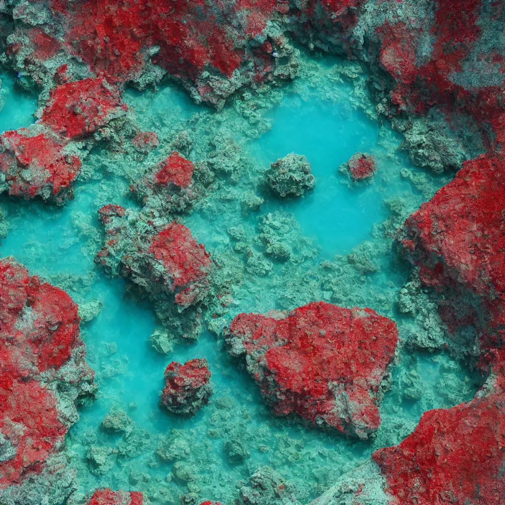 Image similar to bright red starfishes in a crater filled with bright blue water surrounded by bright green algae and grey rocks, Death Valley, octane render, 35mm, sci-fi cinematic movie still